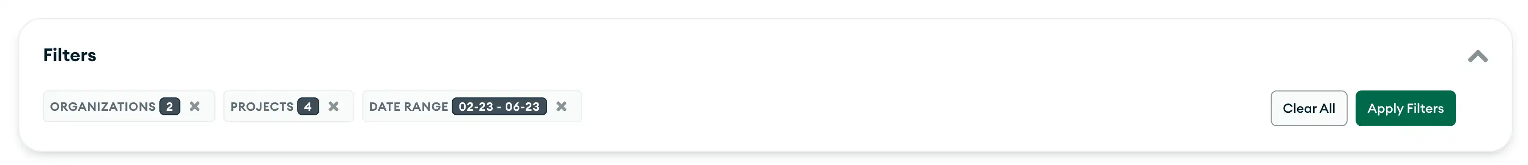 A collapsed filter box with options for organizations, projects, and start and end dates.