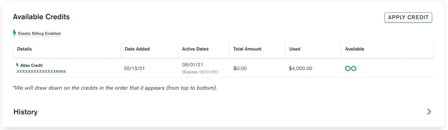 On your Available Credits table, Elastic Billing subscriptions display an infinity symbol in the "Available" column.