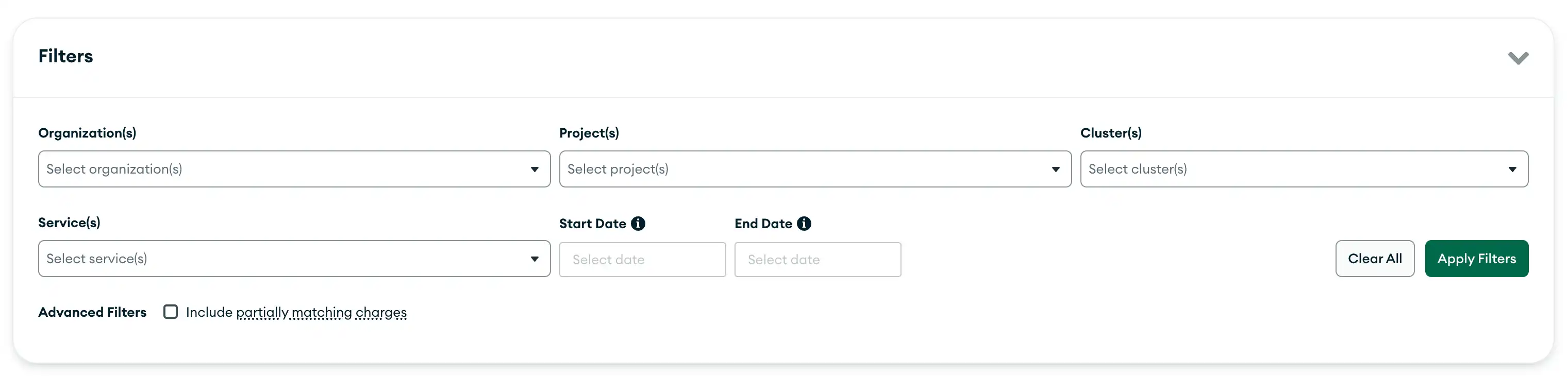 A filter box with options for organizations, projects, clusters, services, start and end dates, and support charges.