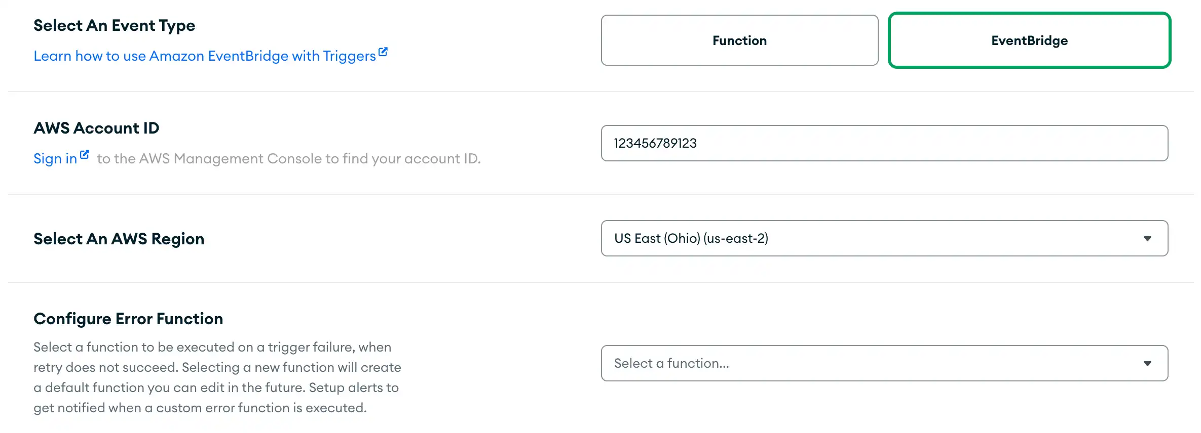 The EventBridge input boxes in the Trigger configuration.